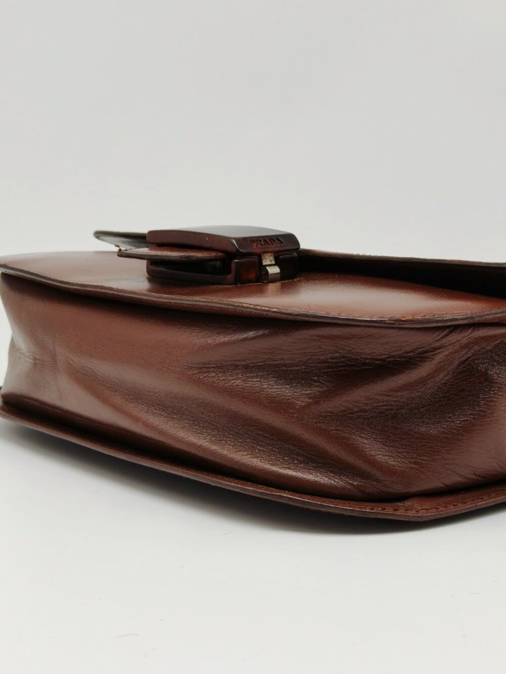 Vintage Prada Brown Leather Shoulder Bag Flap Clasp Logo Purse - Picture 8 of 14
